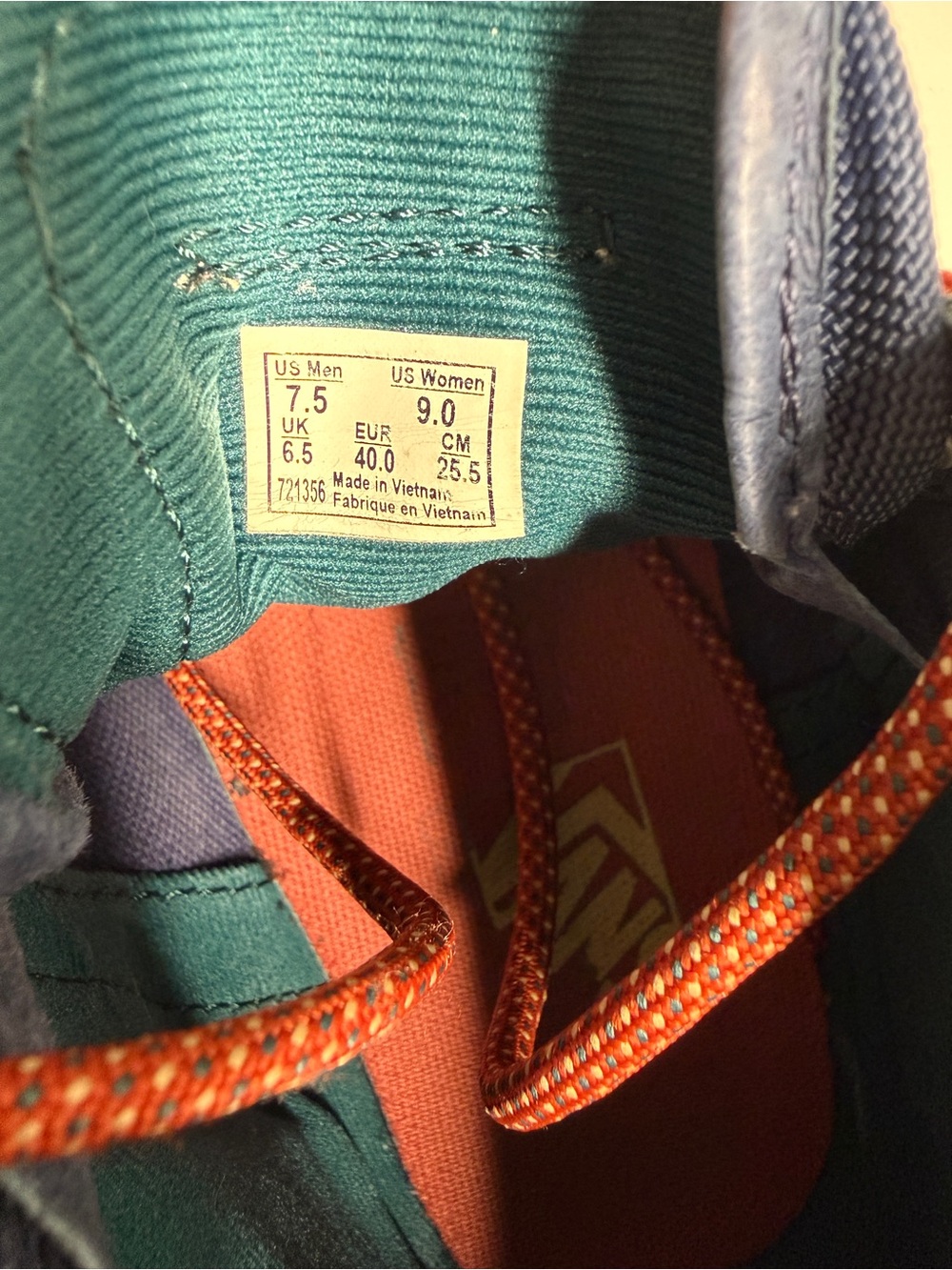Vans Men’s High-Top Canvas Sneakers in Navy, Teal and Rust Lace Accent - Picture 6 of 6